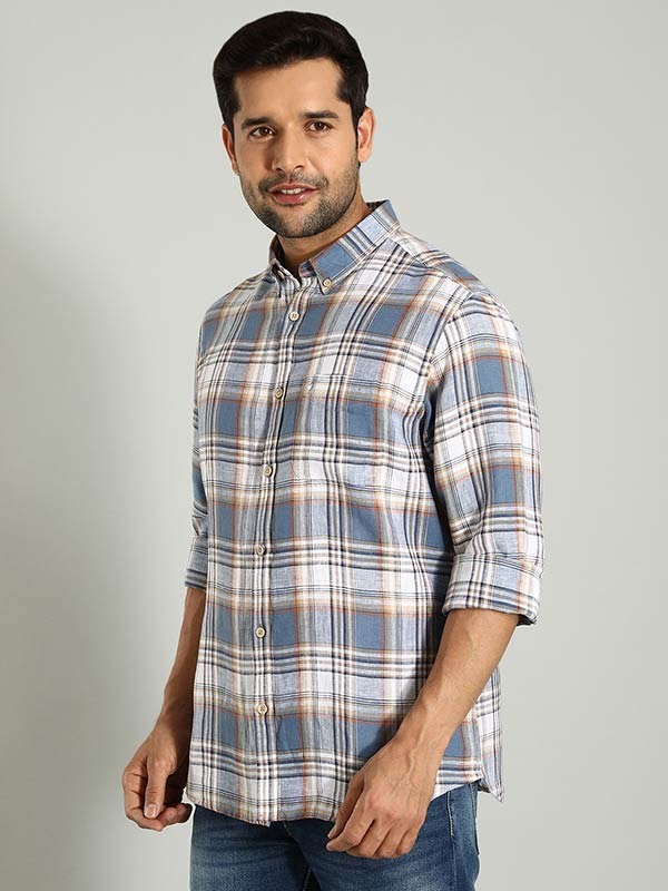 Indian Terrain Men's Regular Fit Full Sleeve Checkered Blue Shirt